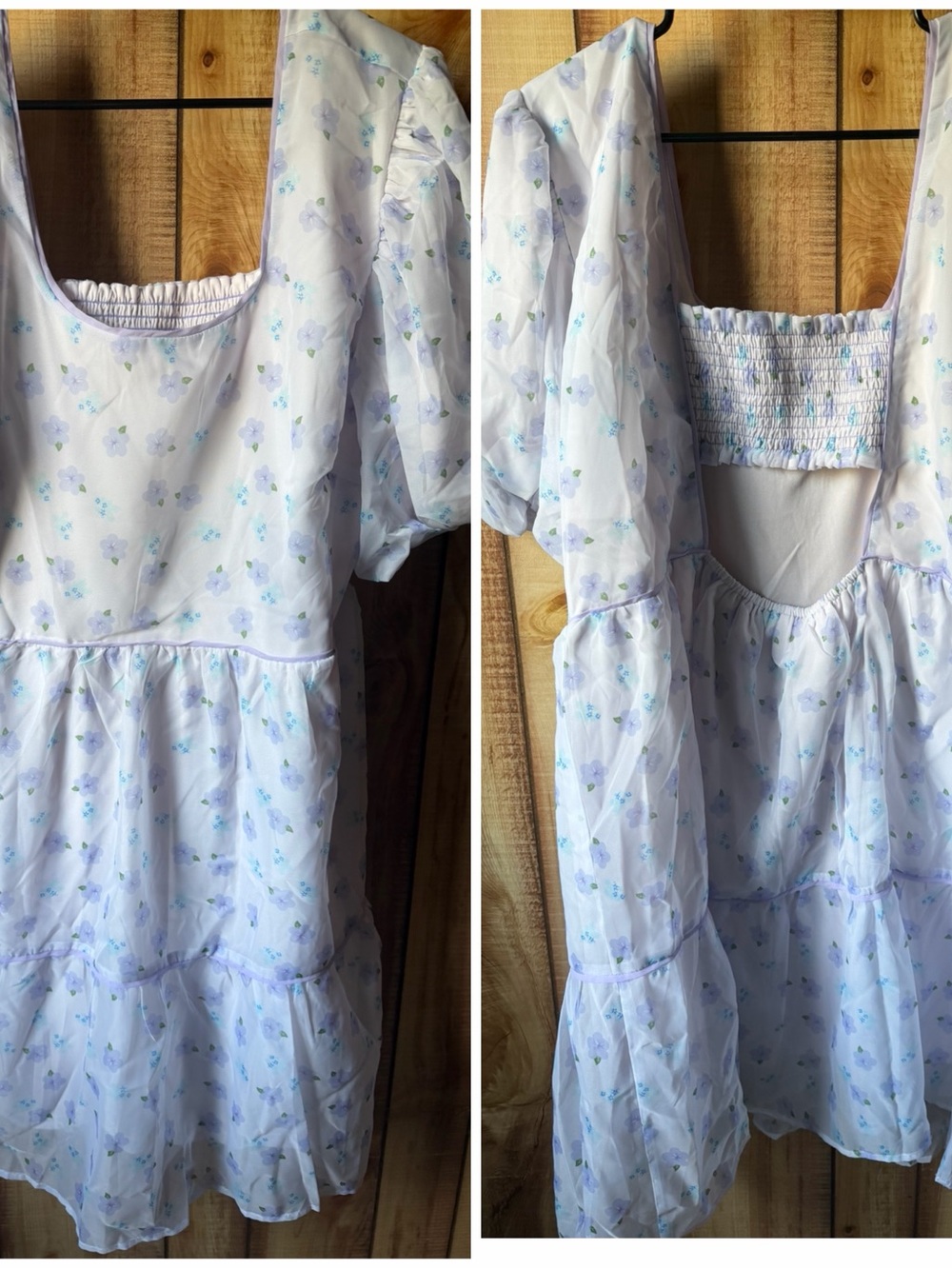 Lilac Floral Puff-Sleeve Mini Dress with Smocked Back